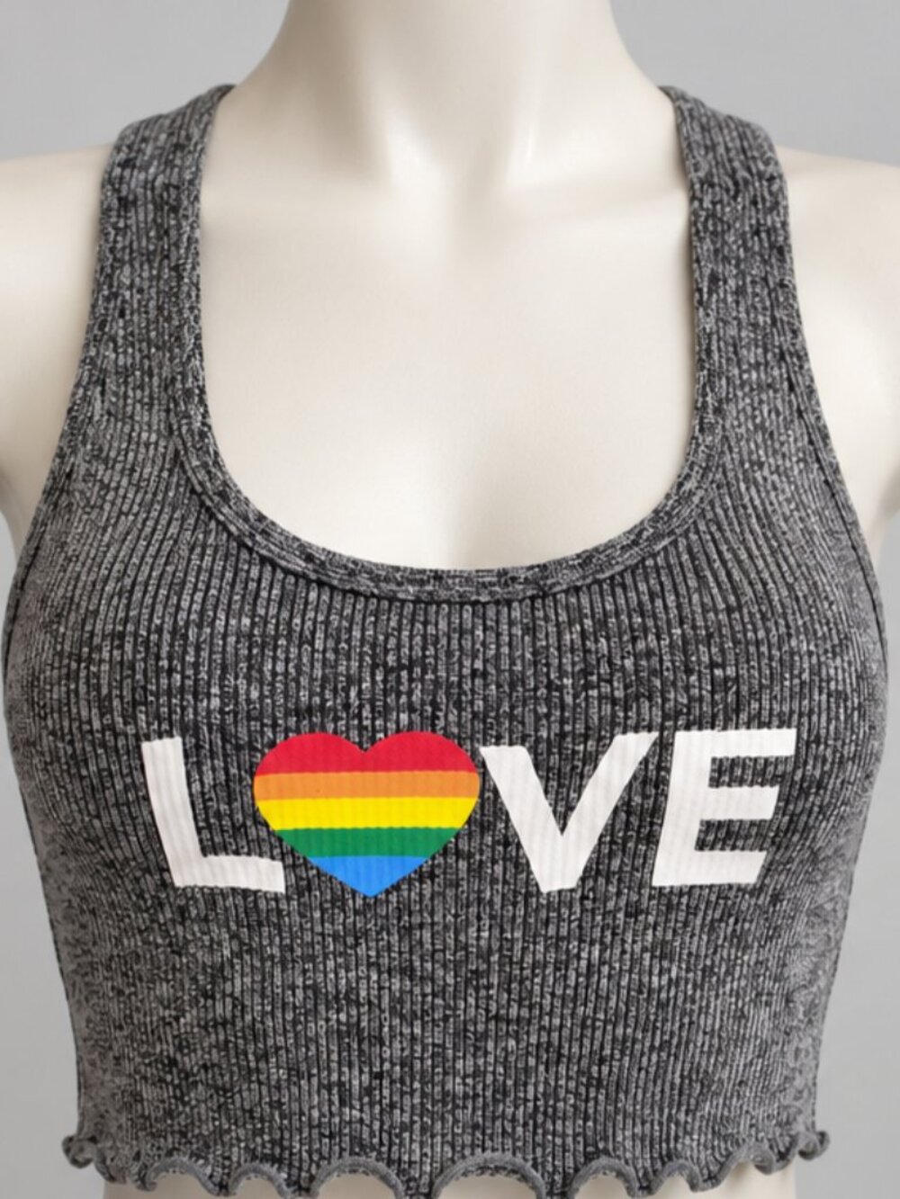 Spiritual Gangster LOVE Rainbow Heart Ribbed Crop Tank Gray XS S Made in USA
